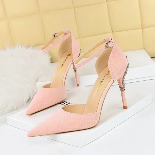 Metal Slim Shallow Pocket Velvet Heels - Image 2