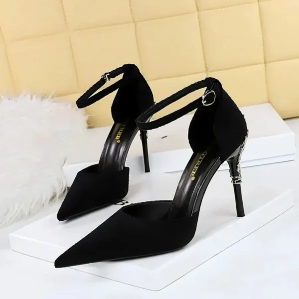 Metal Slim Shallow Pocket Velvet Heels - Image 3