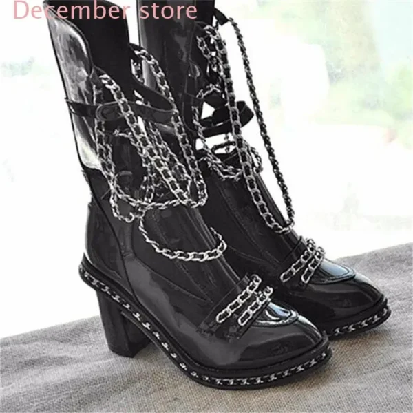Luxury Ankle Chain Chunky Heel Boots - Image 3