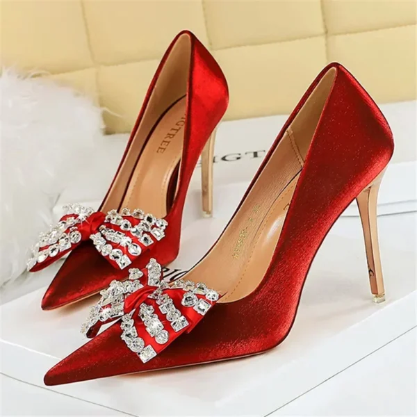 Women Wine Red 10.5cm High Heels Silk Pumps - Image 2