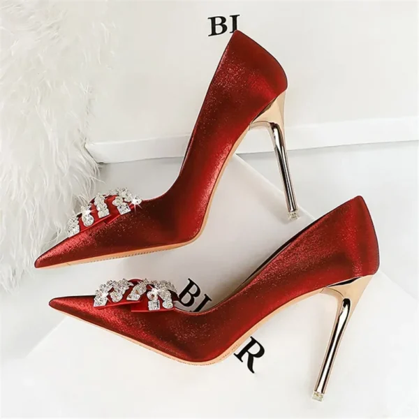 Women Wine Red 10.5cm High Heels Silk Pumps - Image 3
