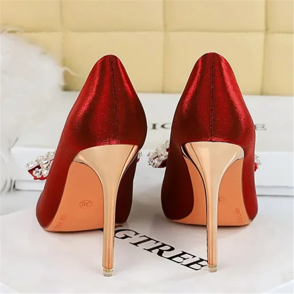 Women Wine Red 10.5cm High Heels Silk Pumps - Image 5