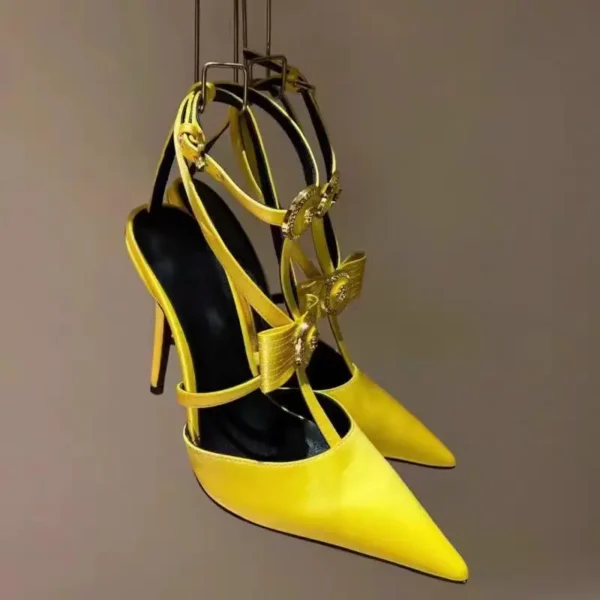 Orange Pointed Toe Metal Bow T-Buckle Strap Stilettos - Image 2