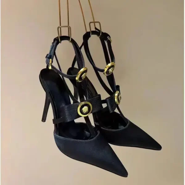 Orange Pointed Toe Metal Bow T-Buckle Strap Stilettos - Image 3