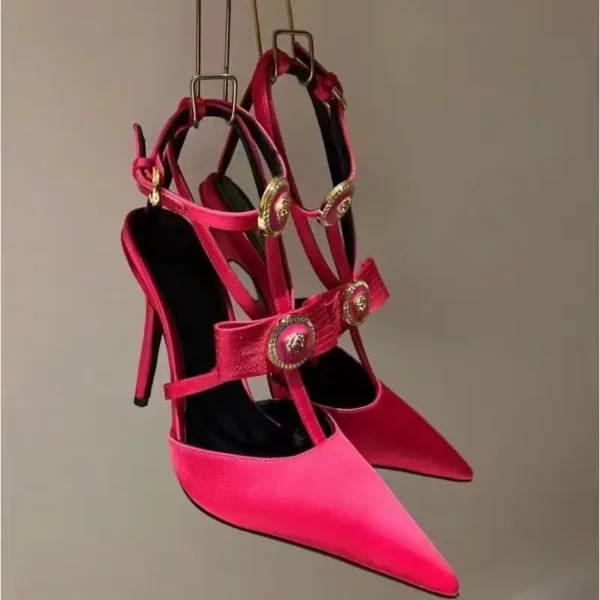 Orange Pointed Toe Metal Bow T-Buckle Strap Stilettos - Image 5