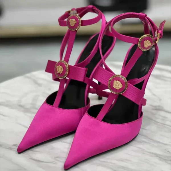 Orange Pointed Toe Metal Bow T-Buckle Strap Stilettos - Image 6