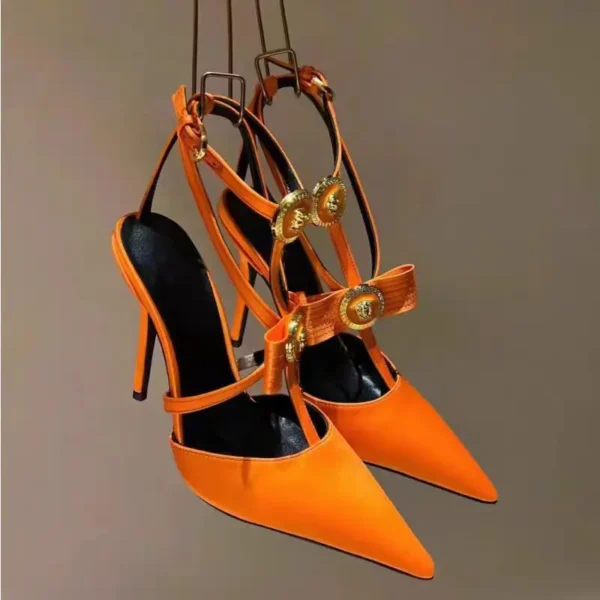Orange Pointed Toe Metal Bow T-Buckle Strap Stilettos