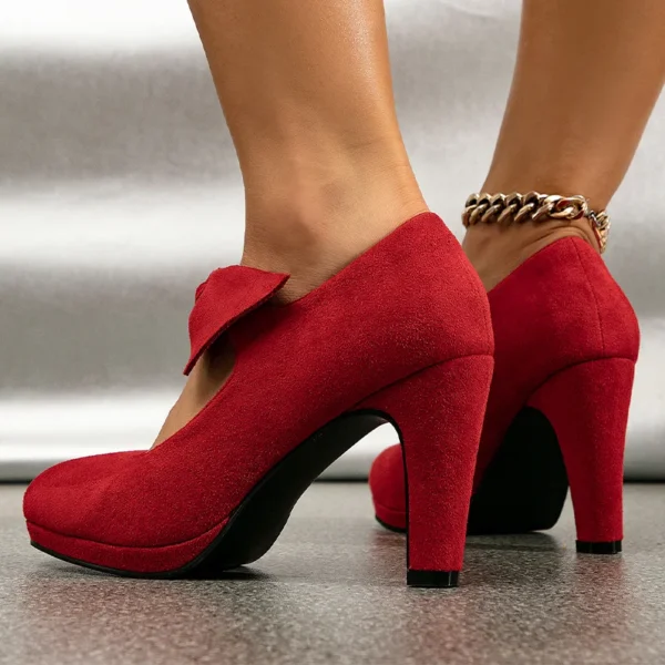 Thick Heel Bow Elastic Red High Heels - Image 2