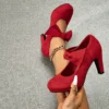 Thick Heel Bow Elastic Red High Heels - Image 3