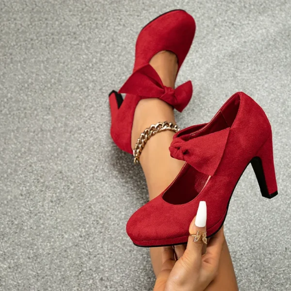 Thick Heel Bow Elastic Red High Heels - Image 3