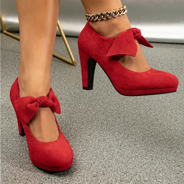 Thick Heel Bow Elastic Red High Heels - Image 4