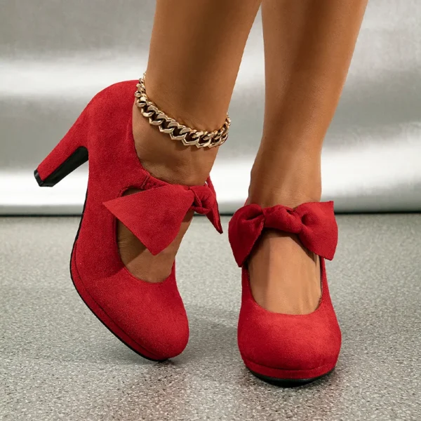Thick Heel Bow Elastic Red High Heels - Image 5