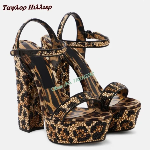 Open Toe Rhinestone Leopard High Heels