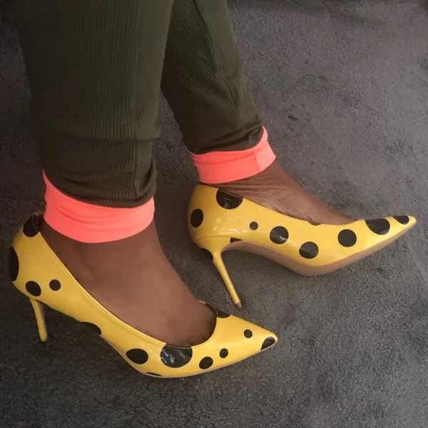 Black Polka Dots Women Yellow Stilettos - Image 5