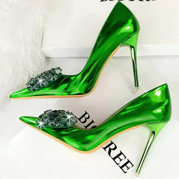 Women 10.5cm Sexy Rhinestone Crystal Green Pumps - Image 4