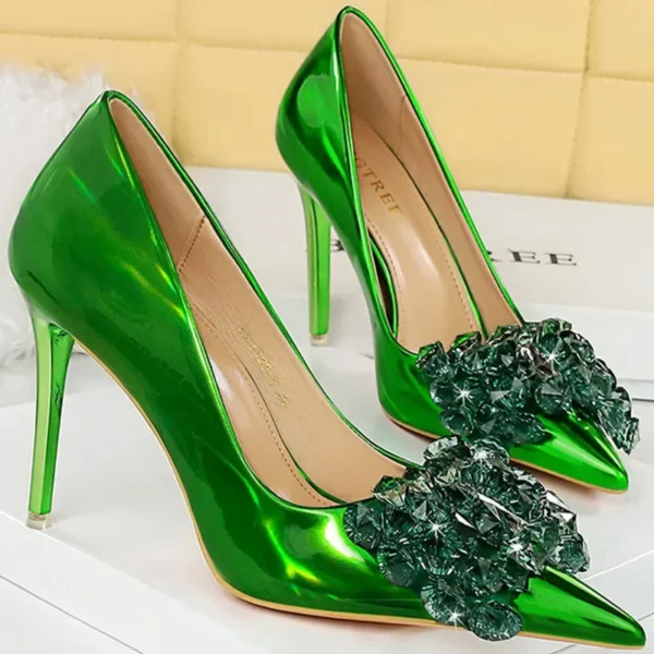 Women 10.5cm Sexy Rhinestone Crystal Green Pumps
