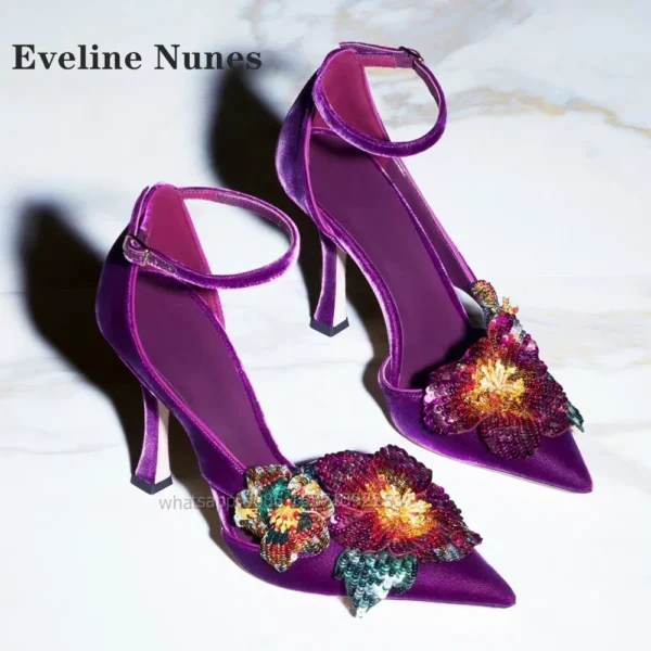 Flower Bling Velvet Purple Sandals