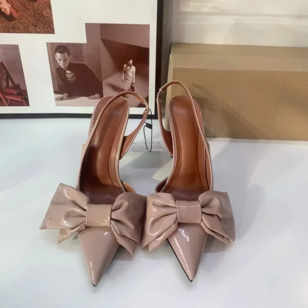 Bow Leather High Heels Sweet Pink Slingback Heeled Shoes - Image 3