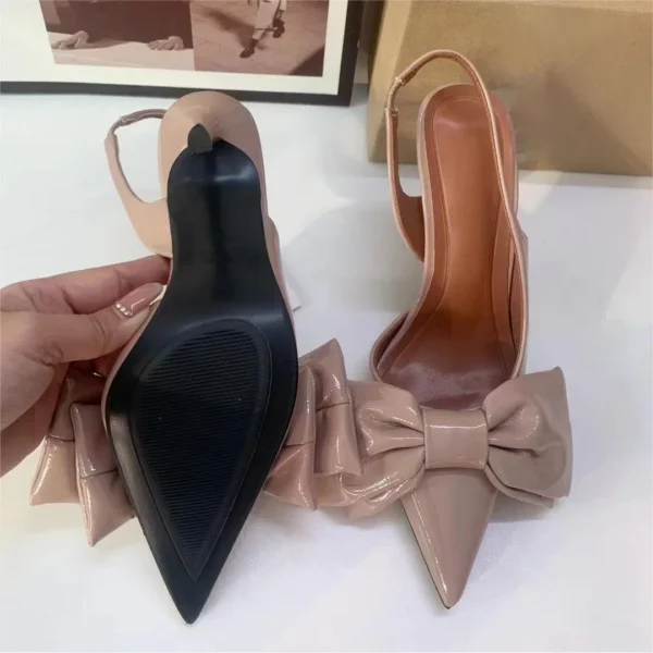 Bow Leather High Heels Sweet Pink Slingback Heeled Shoes - Image 4