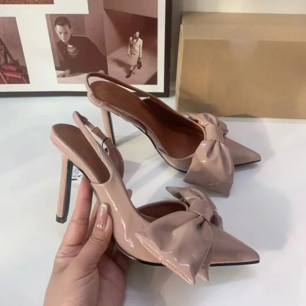Bow Leather High Heels Sweet Pink Slingback Heeled Shoes - Image 5
