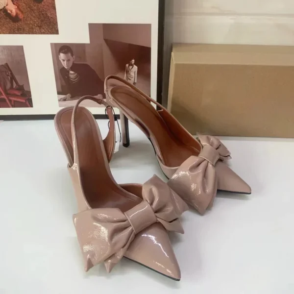 Bow Leather High Heels Sweet Pink Slingback Heeled Shoes - Image 6