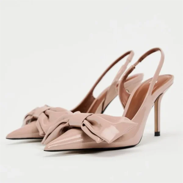 Bow Leather High Heels Sweet Pink Slingback Heeled Shoes