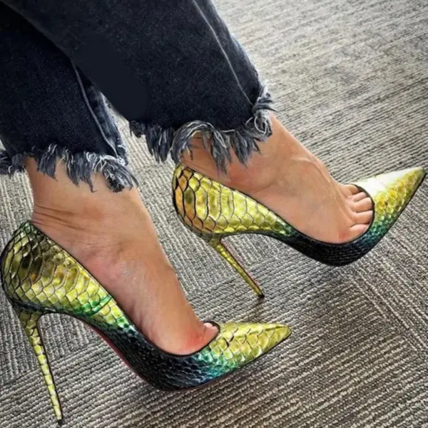 Sexy Python Printed Gradient Color Shoes 12CM Stiletto Heels Party Dress Shoes Gold Snakeskin Leather Pointed Toe Banquet Pumps - AliExpress 322 - Image 5