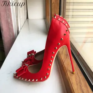 Tikicup Red Matte Women Pointy Toe High Heel Shoes with Bow Sexy Spikes Rivets Stiletto Pumps 8cm 10cm 12cm Colors Customize - AliExpress 322