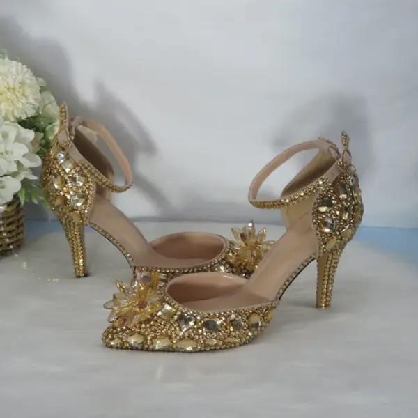 Customized Champagne Golden crystal women Wedding shoes Rhinestone high heels ankle strap shoes women party dress shoes - AliExpress 322 - Image 4