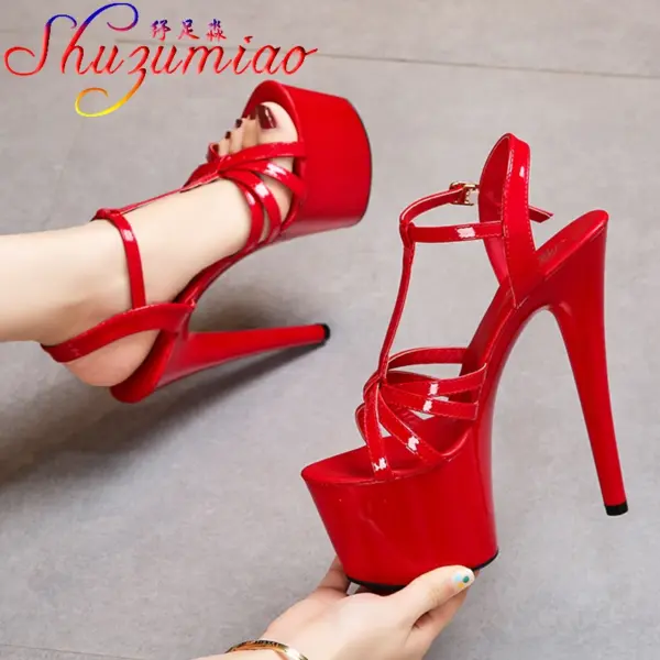 2021 European Summer Sandals Candy Color Point Open toe  Cross belt Red Women Party Shoes High Heels 17cm Thin Heel Sandals Lady - AliExpress 322