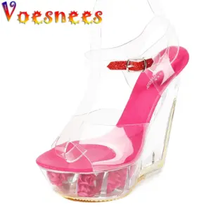 Wedge Heel Sandals Female Outdoor Home women's Summer Slipper Woman Shoes Pink Beach Shoe Girl Party 14cm Transparent High Heel