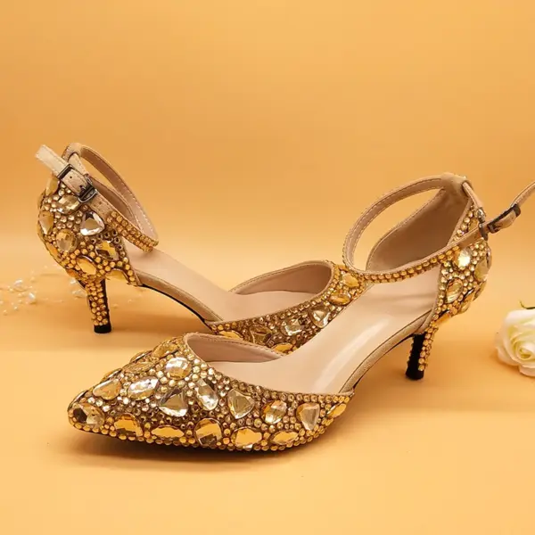 Customized Champagne Golden crystal women Wedding shoes Rhinestone high heels ankle strap shoes women party dress shoes - AliExpress 322 - Image 2