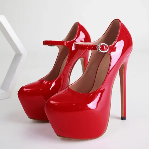 130mm High Heels|17cm Stiletto Heels Platform Pumps - Patent Leather Buckle Strap For Party & Wedding - Image 4