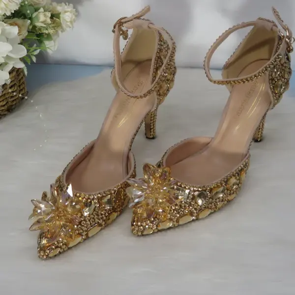 Customized Champagne Golden crystal women Wedding shoes Rhinestone high heels ankle strap shoes women party dress shoes - AliExpress 322 - Image 3