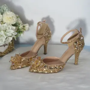 Customized Champagne Golden crystal women Wedding shoes Rhinestone high heels ankle strap shoes women party dress shoes - AliExpress 322