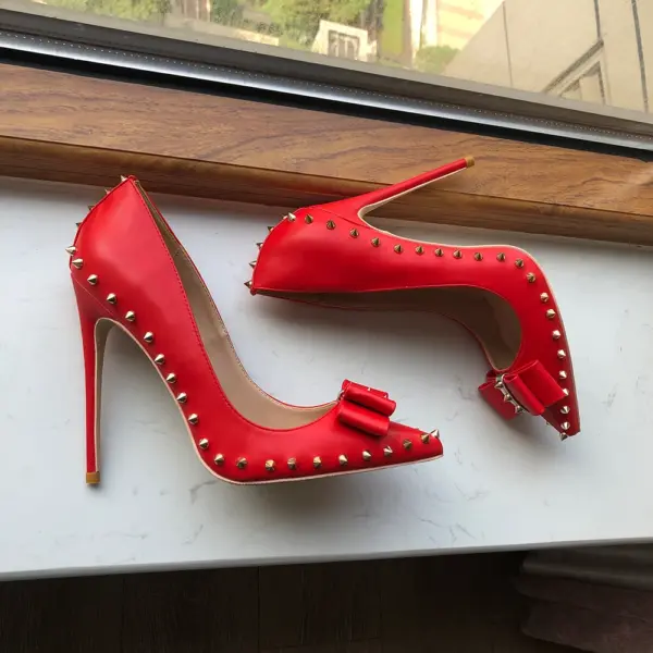 Tikicup Red Matte Women Pointy Toe High Heel Shoes with Bow Sexy Spikes Rivets Stiletto Pumps 8cm 10cm 12cm Colors Customize - AliExpress 322 - Image 3