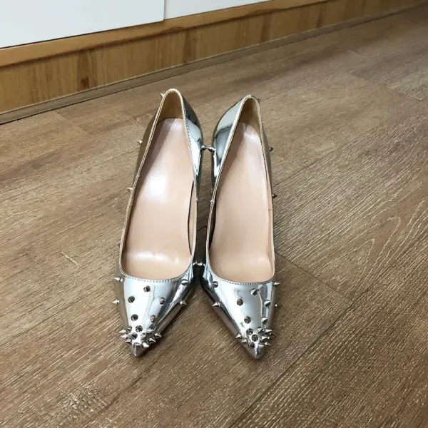 Veowalk Glossy Mirror Silver Women Partial Spikes Pointed Toe Sexy Stiletto Pumps Sparkly High Heel Party Shoes 8cm 10cm 12cm - AliExpress 322 - Image 6