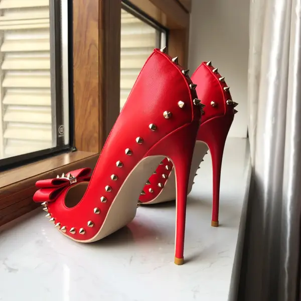 Tikicup Red Matte Women Pointy Toe High Heel Shoes with Bow Sexy Spikes Rivets Stiletto Pumps 8cm 10cm 12cm Colors Customize - AliExpress 322 - Image 4