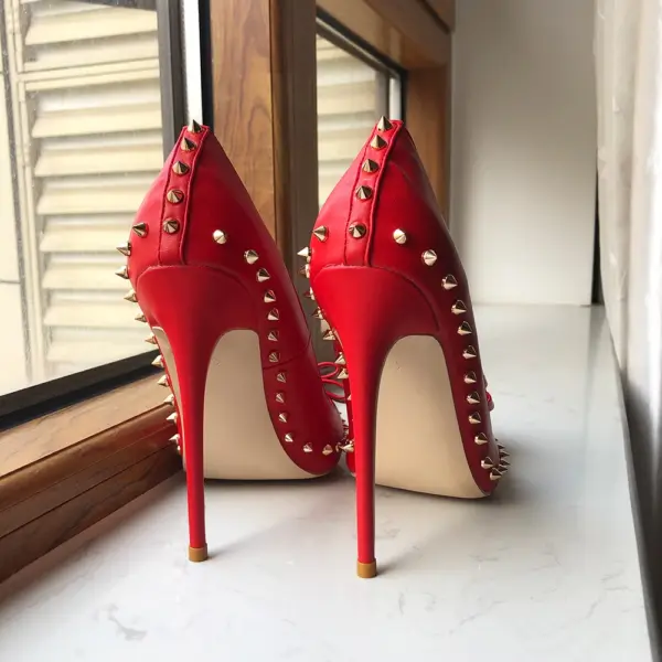 Tikicup Red Matte Women Pointy Toe High Heel Shoes with Bow Sexy Spikes Rivets Stiletto Pumps 8cm 10cm 12cm Colors Customize - AliExpress 322 - Image 2