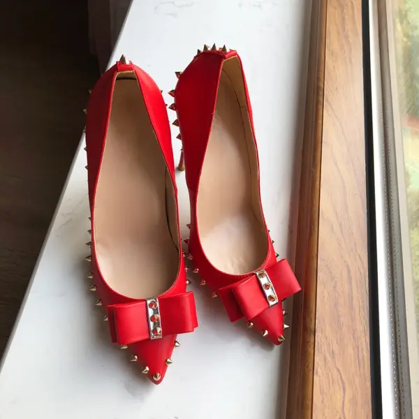 Tikicup Red Matte Women Pointy Toe High Heel Shoes with Bow Sexy Spikes Rivets Stiletto Pumps 8cm 10cm 12cm Colors Customize - AliExpress 322 - Image 5