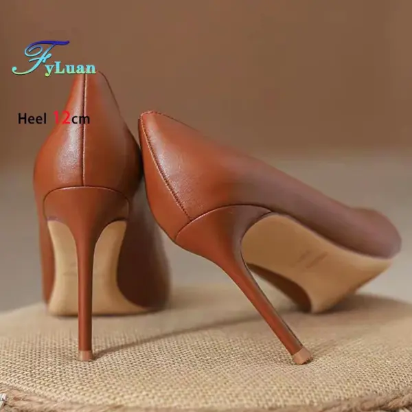 Women 8-12CM Thin High Heel Brown PU Leather Classics Dress Shoes 2025 Summer Party Banquet Elegant Pointed Pumps Plus Size 45 - AliExpress 322 - Image 3
