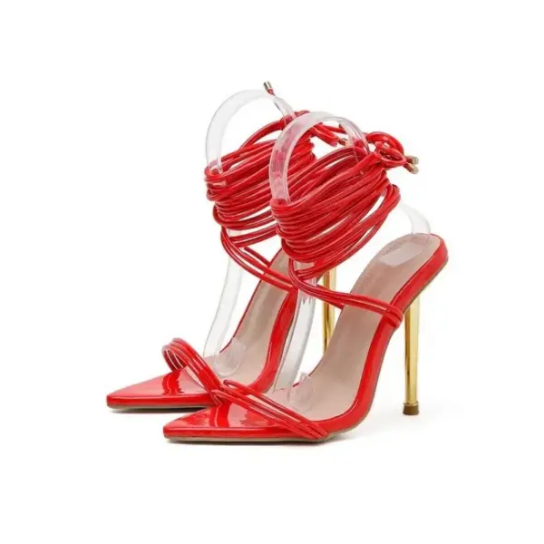 Summer 12CM Gladiator Heels Sandals for Women Fashion Pointed Open Toe Lace-Up Stiletto Ladies Strappy Wedding Shoes Black Red - AliExpress 322 - Image 4