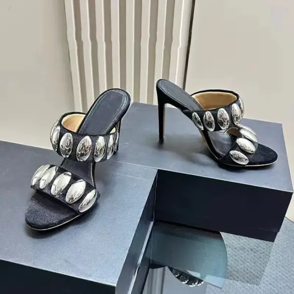 2025 Summer Brand Metal Decor Women Slippers Sandals Fashion Banquet Rivet Stiletto high Heels Suede Pumps Female Mules Slides - AliExpress 322 - Image 4
