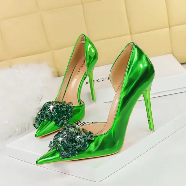 Spring Autumn Women High Heels Rhinestone Green Blue Pointed Party Pumps Glossy Leather Bling Crytsal Nightclub Shoes 18188-H27 - AliExpress - Image 3