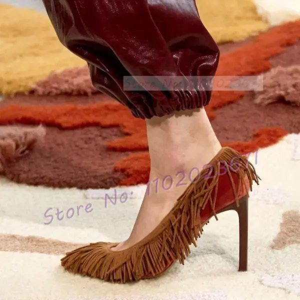 Brown Fringes Suede High Heels Pumps Women New Catwalk Pointy Retro Big Size Dress Shoes Ladies Party Casual Stylish Pumps - AliExpress 322 - Image 3