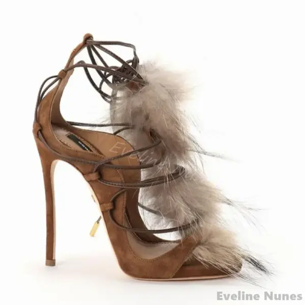 Furry Strappy Hollow Sandals Women Retro Brown Peep Toe Stiletto Heel Ankle Strap Sexy Sandals New Party Catwalk Elegant Pumps - AliExpress 322 - Image 3