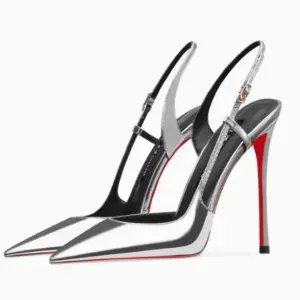New silver patent leather flat buckle sandals with pointed edges and slim heels, stylish and stylish, worn in the backless style - AliExpress 322