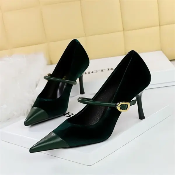 Fashion Version Party Thin High Heel Women Shoes   Velvet Shallow Mouth Pointed Toe Metal One-line Buckle Single Shoes - AliExpress 322 - Image 6