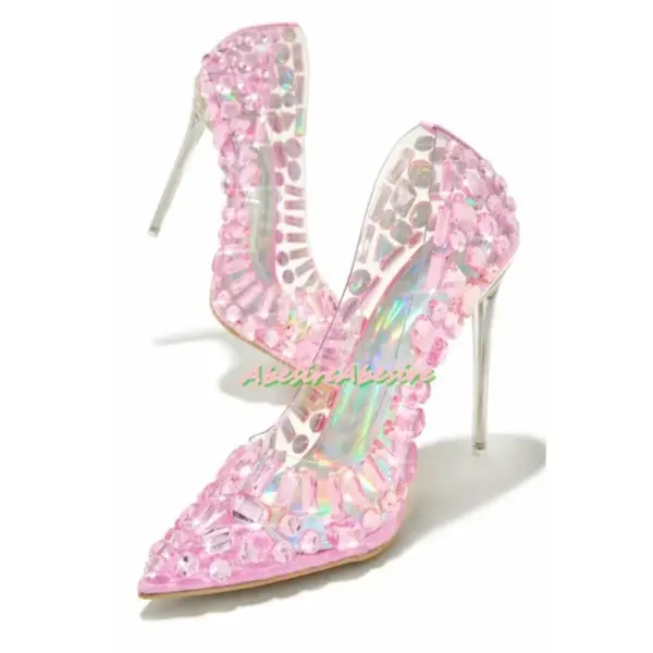 Luxury Rhinestones Decorated High Heels Clear Pvc Pointed Stilettos Pink Pumps Summer Elegant Sexy Shiny Crystal Wedding Shoes - AliExpress - Image 2