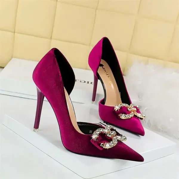 Fashion Women High Heel Rhinestone Buckle Bow Green Pink Pointed Toe Party Pumps Velvet Luxury Elegant Wedding Evening Shoes - AliExpress 322 - Image 6
